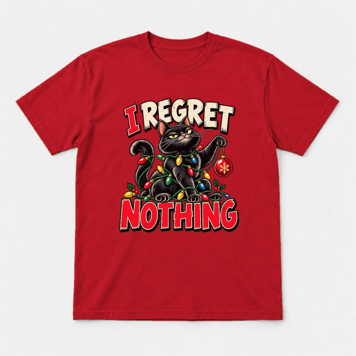 I Regret Nothing Christmas Lights Black Cat Graphic T-Shirt & Sweatshirt - Tshirt Red Front