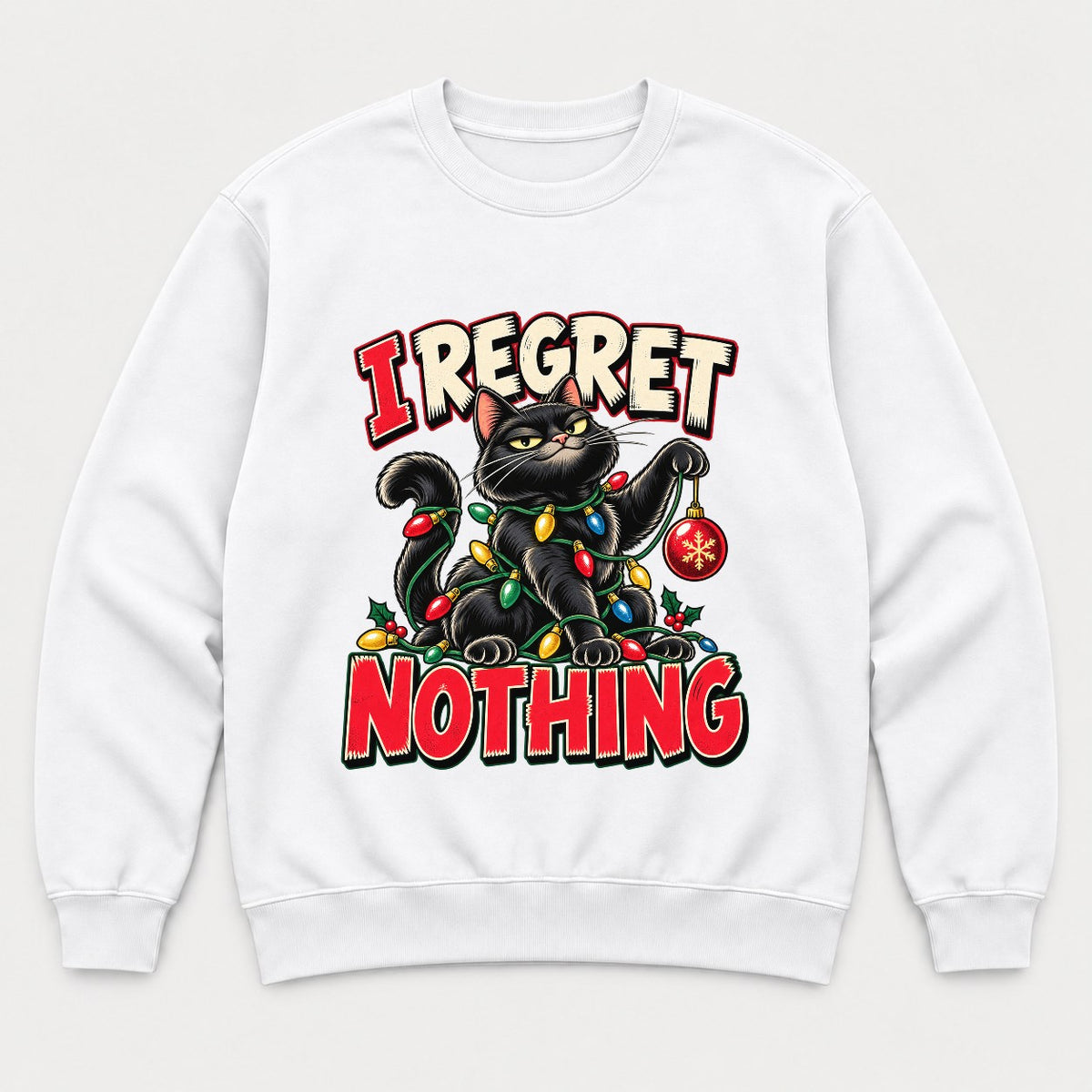 I Regret Nothing Christmas Lights Black Cat Graphic T-Shirt & Sweatshirt - Sweatshirt White Front