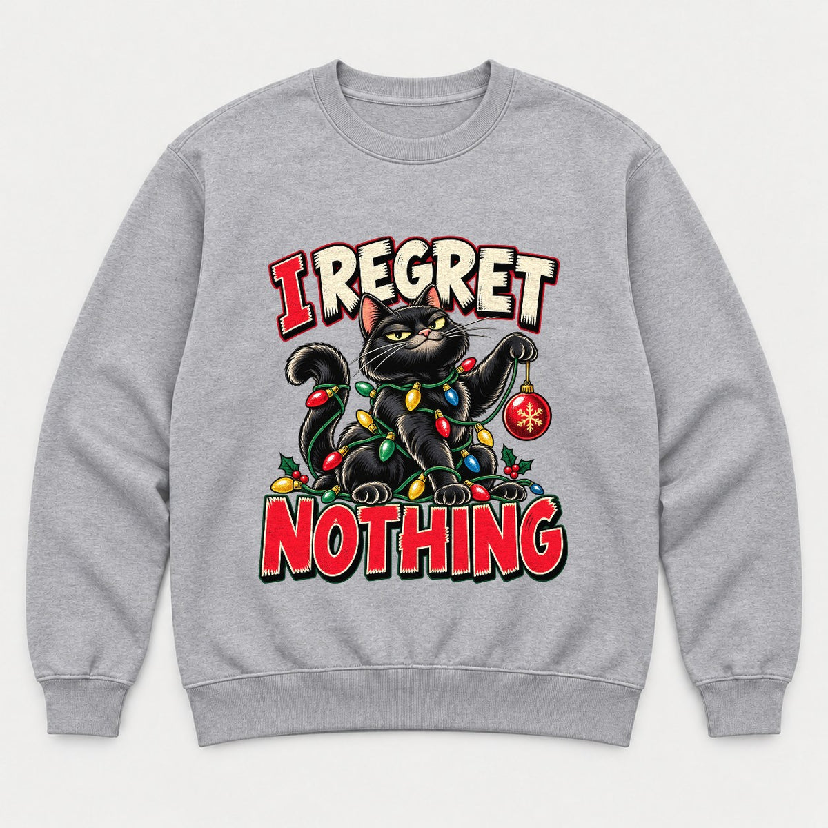 I Regret Nothing Christmas Lights Black Cat Graphic T-Shirt & Sweatshirt - Sweatshirt Sport Grey Front