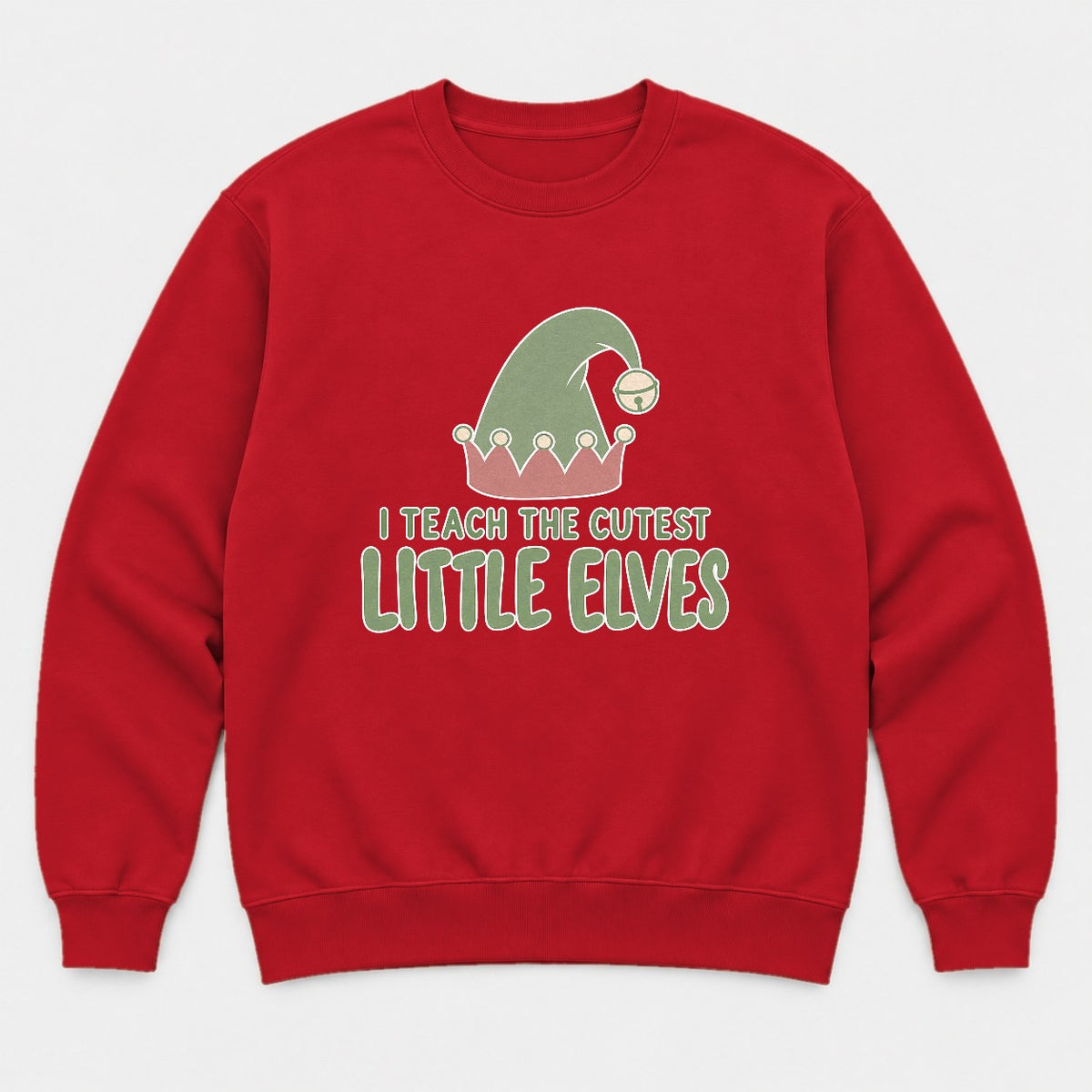 I Teach The Cutest Little Elves Elf Hat Teacher Christmas Graphic T-Shirt & Sweatshirt - Sweatshirt Red Front