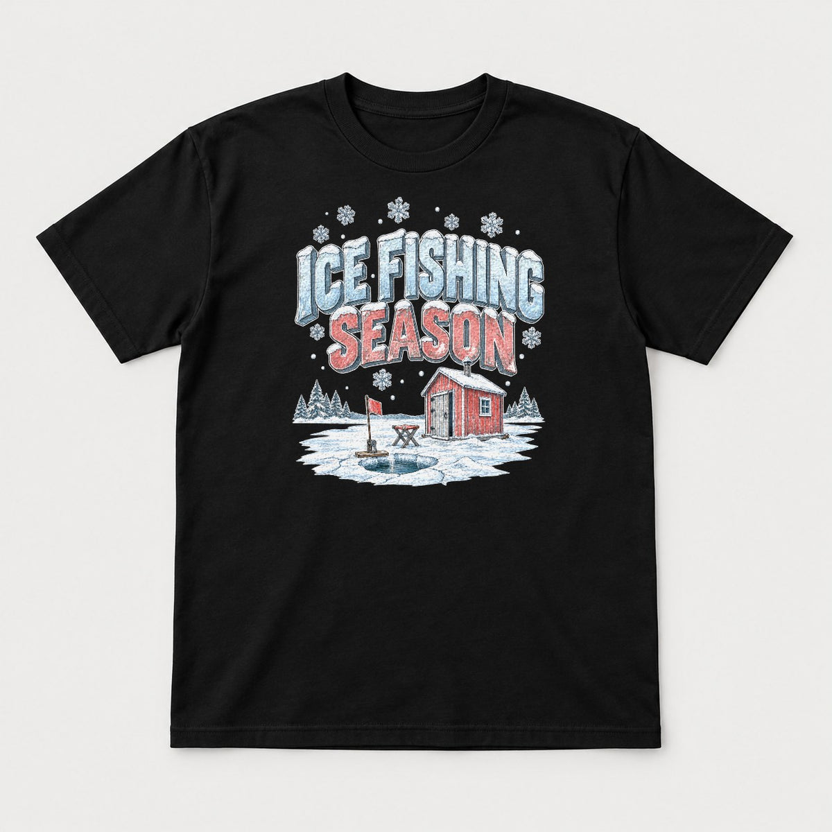 Ice Fishing Season Winter Ice Shack Graphic T-Shirt & Sweatshirt - Tshirt Black Front