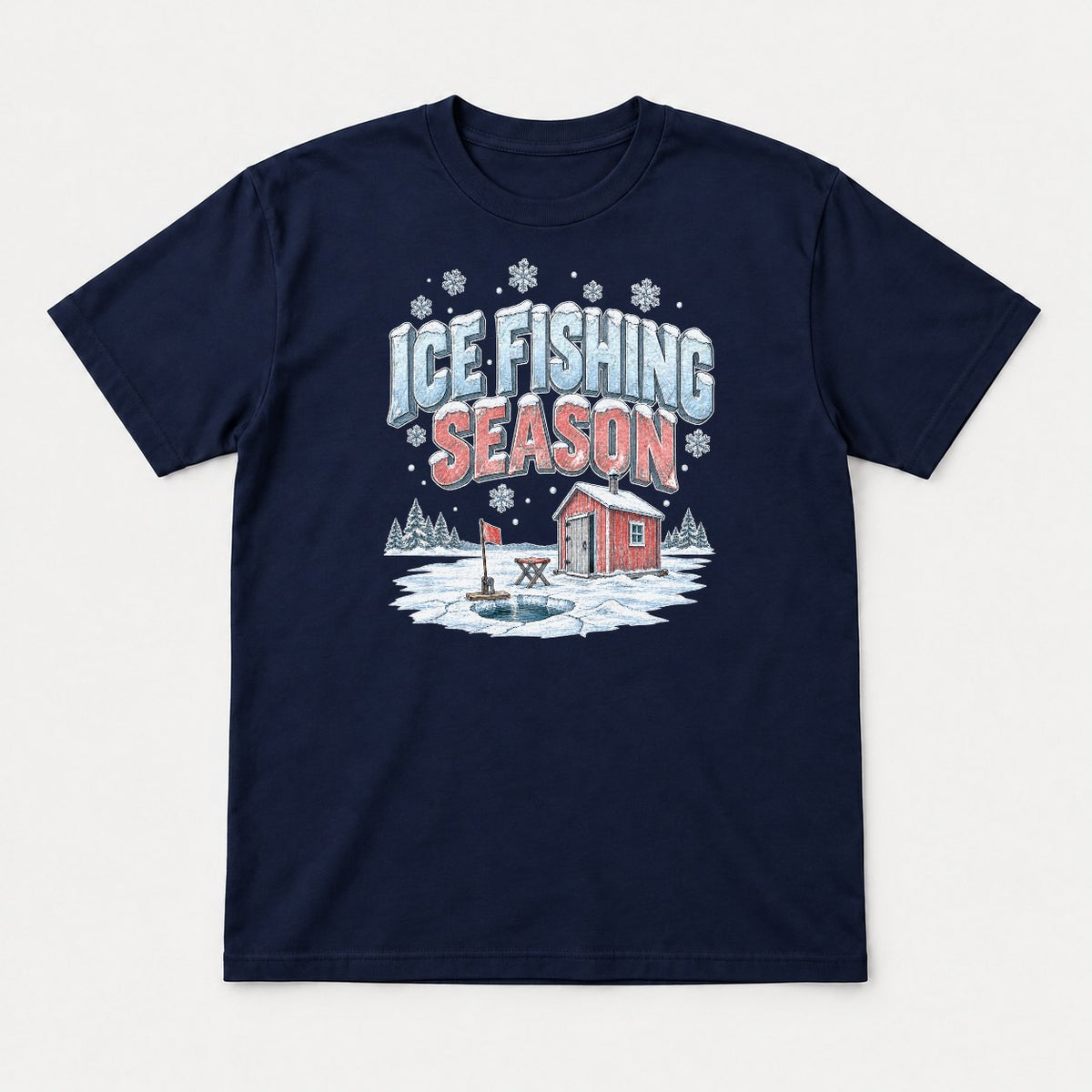 Ice Fishing Season Winter Ice Shack Graphic T-Shirt & Sweatshirt - Tshirt Navy Front