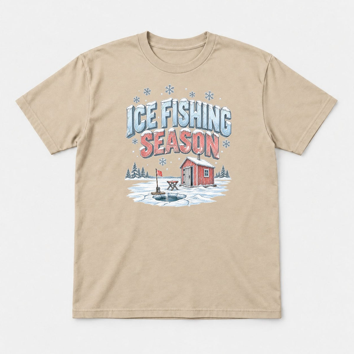 Ice Fishing Season Winter Ice Shack Graphic T-Shirt & Sweatshirt - Tshirt Sand Front