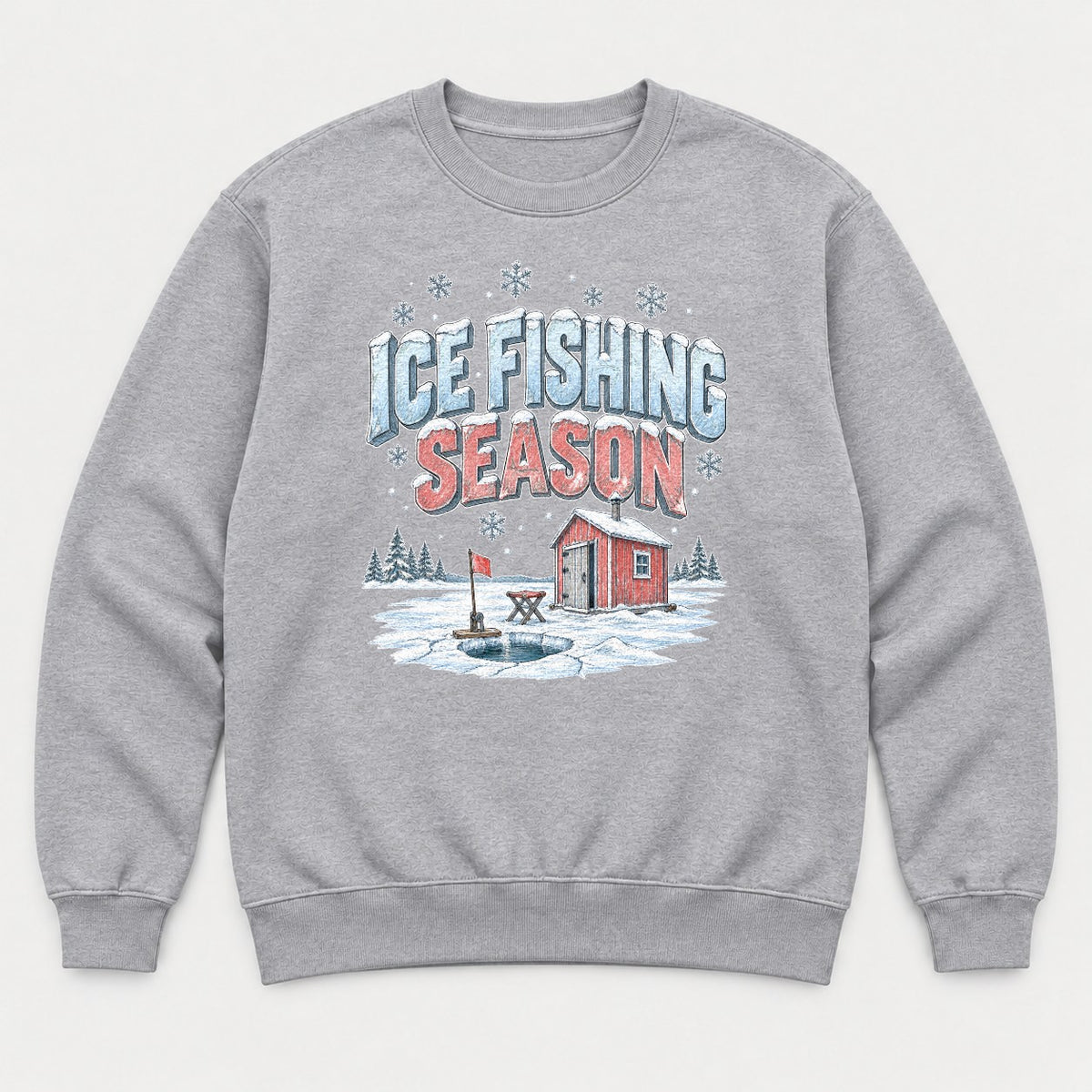 Ice Fishing Season Winter Ice Shack Graphic T-Shirt & Sweatshirt - Sweatshirt Sport Grey Front