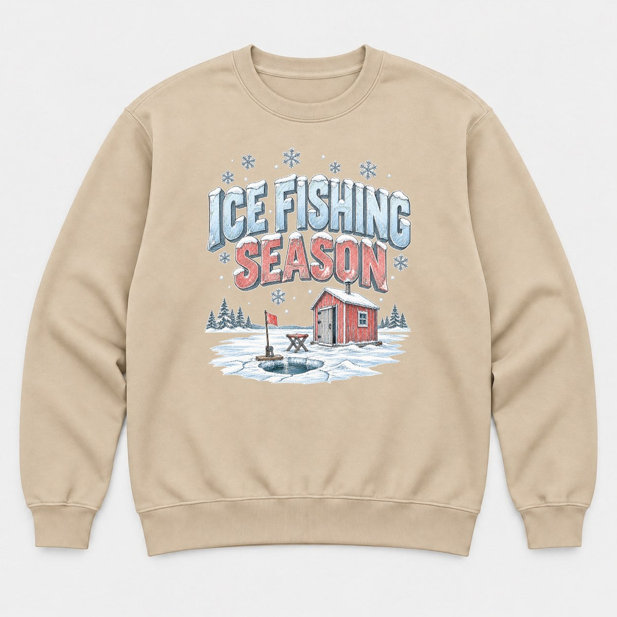 Ice Fishing Season Winter Ice Shack Graphic T-Shirt & Sweatshirt - Sweatshirt Sand Front