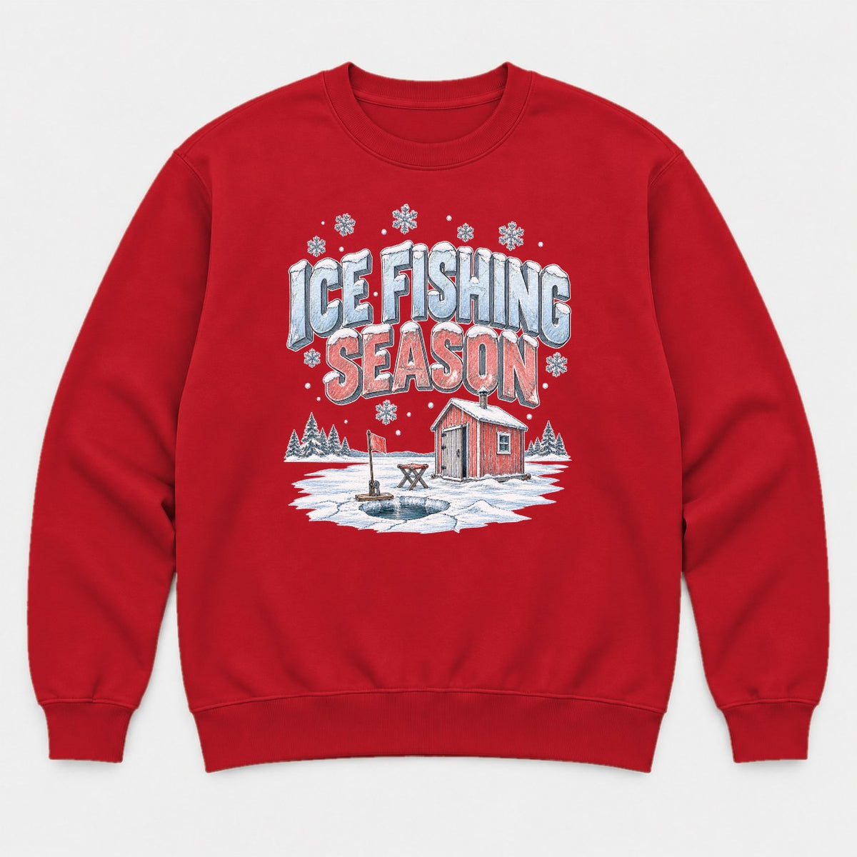 Ice Fishing Season Winter Ice Shack Graphic T-Shirt & Sweatshirt - Sweatshirt Red Front