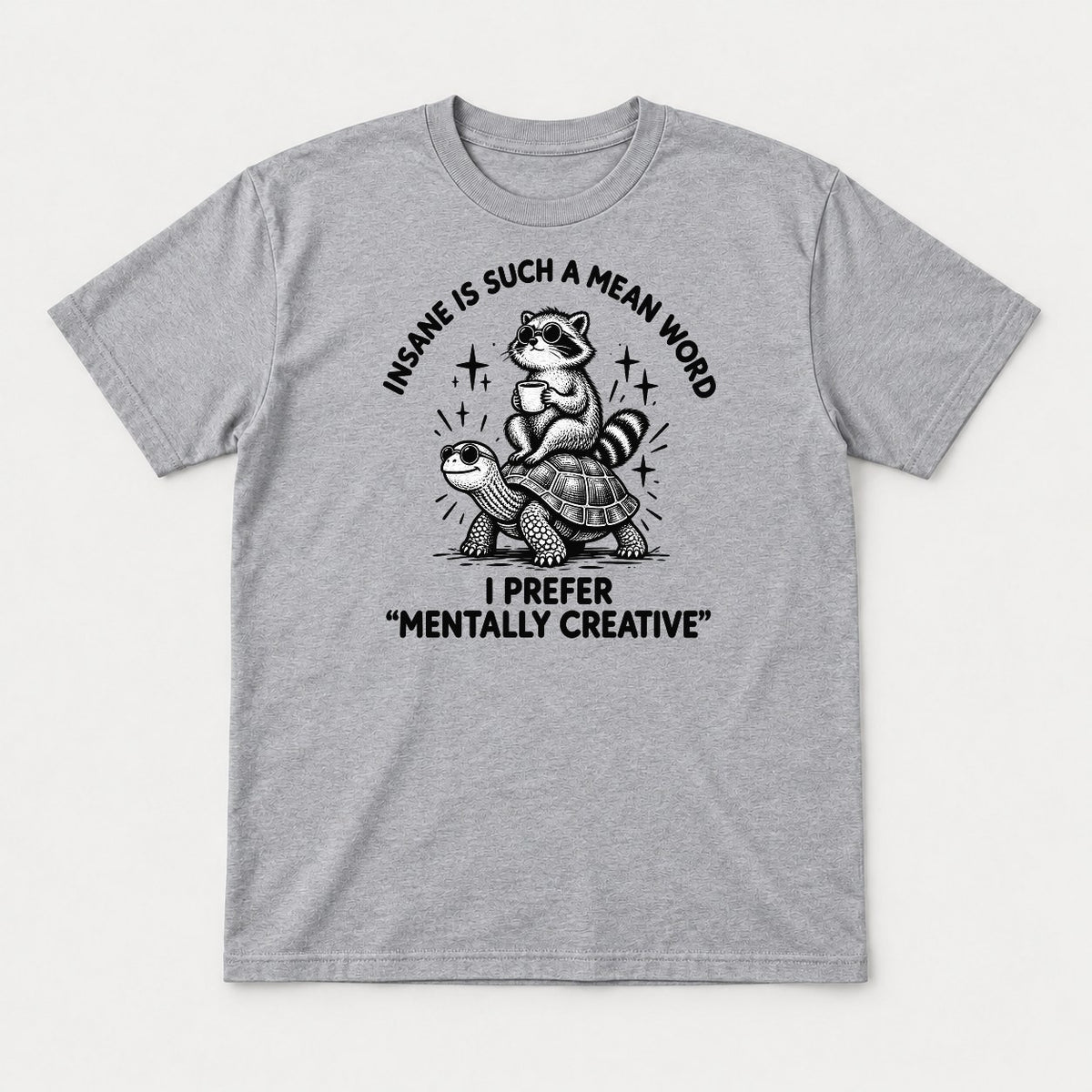 Insane Is Such a Mean Word Mentally Creative Raccoon on Turtle Graphic T-Shirt & Sweatshirt - Tshirt Sport Grey Front