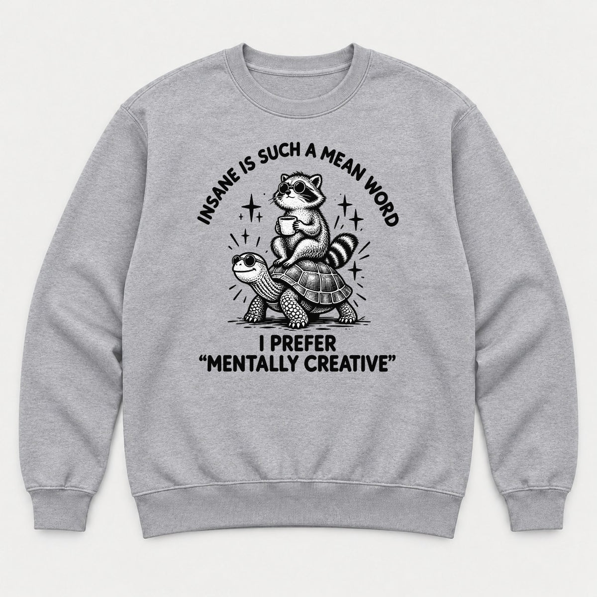 Insane Is Such a Mean Word Mentally Creative Raccoon on Turtle Graphic T-Shirt & Sweatshirt - Sweatshirt Sport Grey Front
