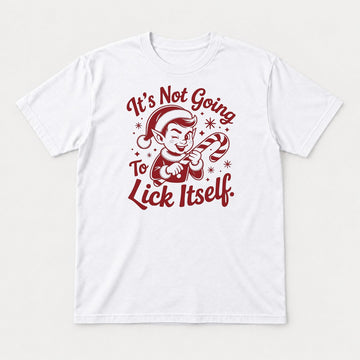 It's Not Going To Lick Itself Retro Christmas Elf Candy Cane Graphic T-Shirt & Sweatshirt - Tshirt White Front