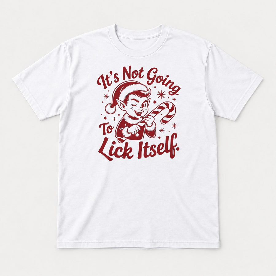 It's Not Going To Lick Itself Retro Christmas Elf Candy Cane Graphic T-Shirt & Sweatshirt