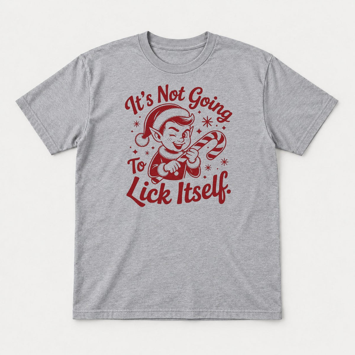 It's Not Going To Lick Itself Retro Christmas Elf Candy Cane Graphic T-Shirt & Sweatshirt - Tshirt Sport Grey Front