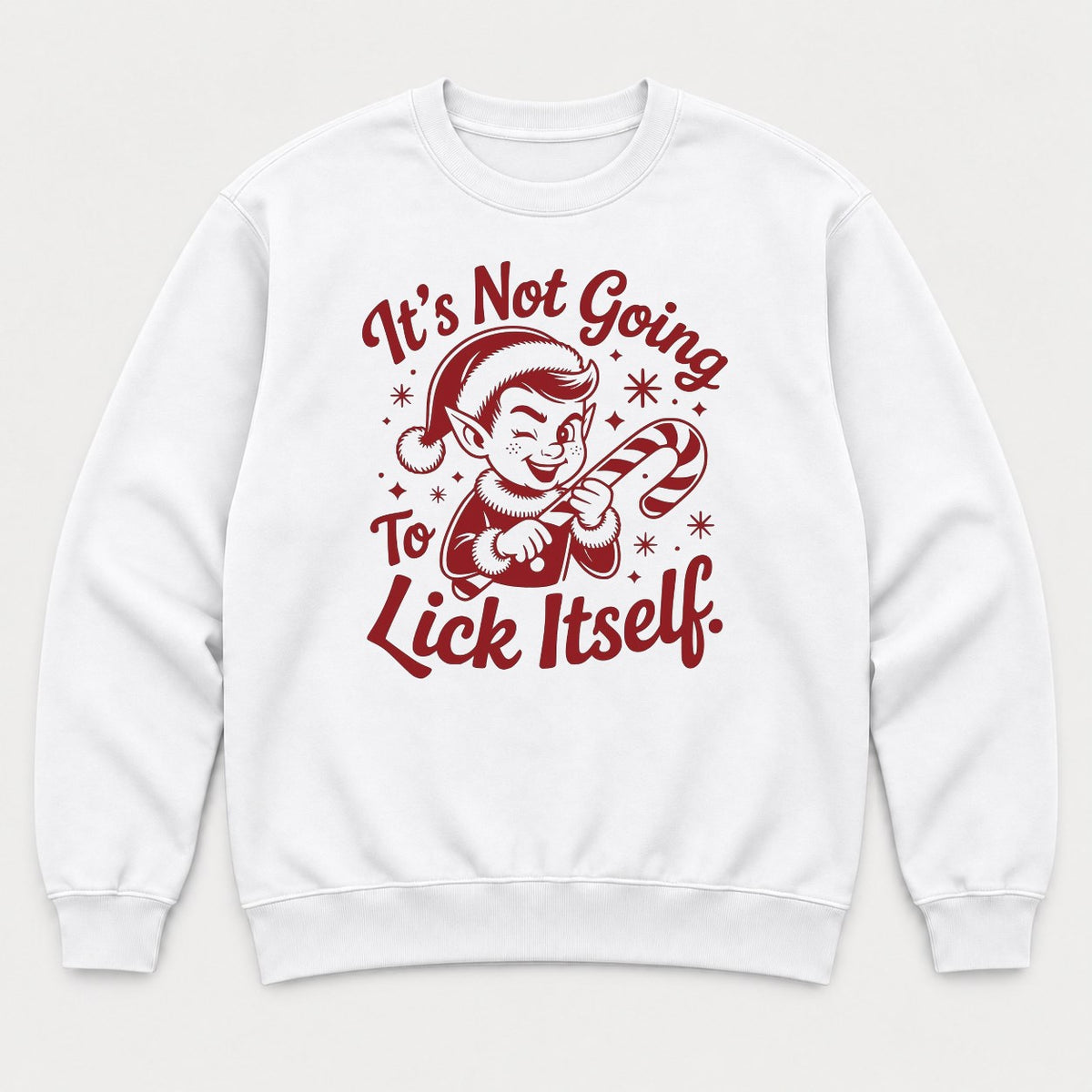 It's Not Going To Lick Itself Retro Christmas Elf Candy Cane Graphic T-Shirt & Sweatshirt - Sweatshirt White Front
