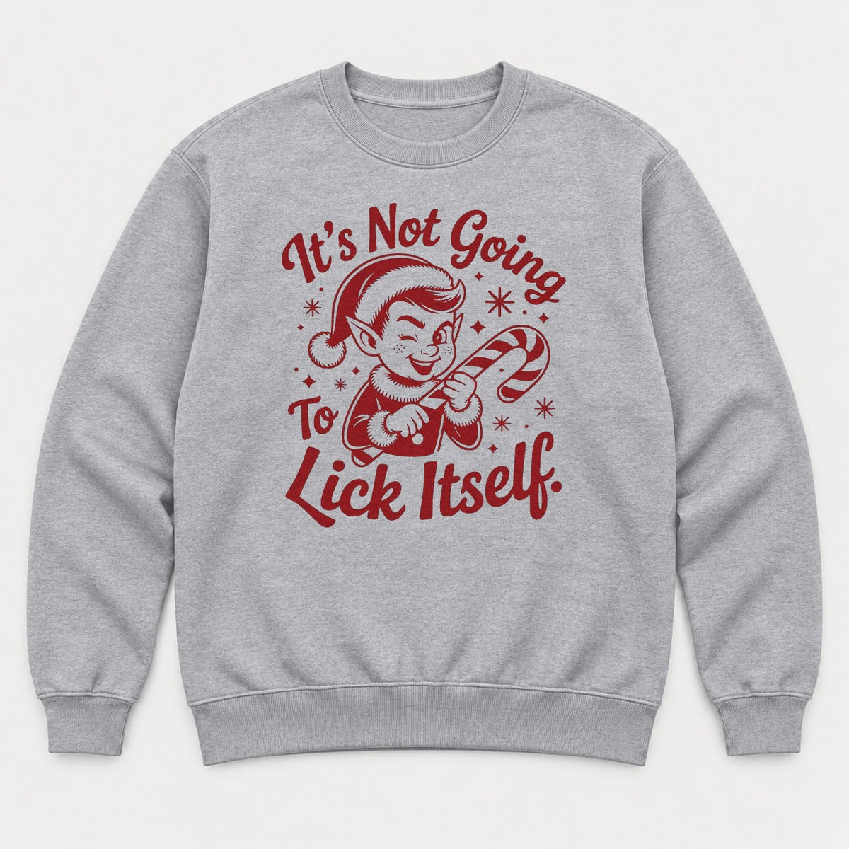 It's Not Going To Lick Itself Retro Christmas Elf Candy Cane Graphic T-Shirt & Sweatshirt - Sweatshirt Sport Grey Front