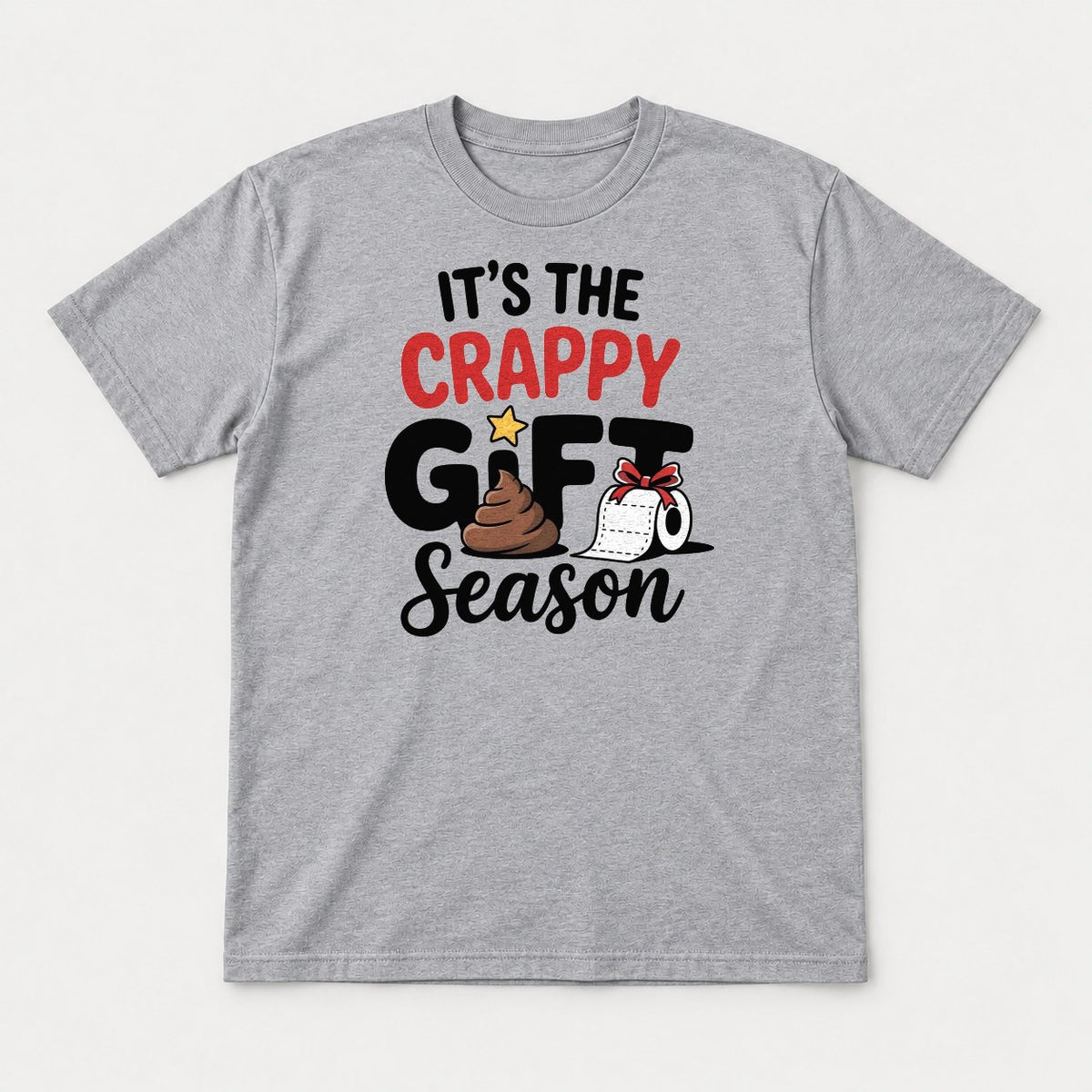 It's the Crappy Gift Season Funny Christmas Poop Emoji Graphic T-Shirt & Sweatshirt - Tshirt Sport Grey Front