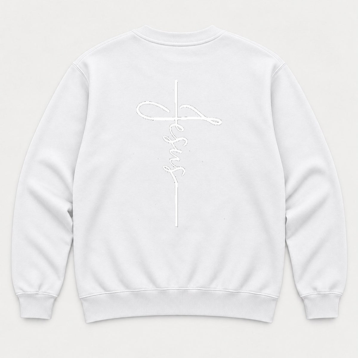Jesus Cross Script Christian Graphic T-Shirt & Sweatshirt - Sweatshirt White Back