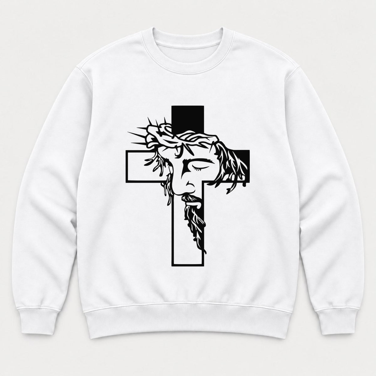 Jesus Crown of Thorns Cross Christian Graphic T-Shirt & Sweatshirt - Sweatshirt White Front