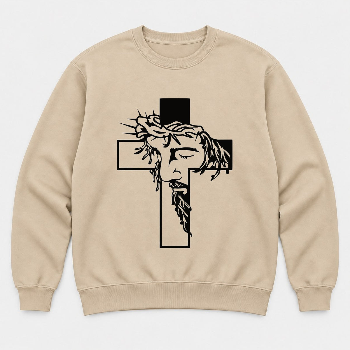 Jesus Crown of Thorns Cross Christian Graphic T-Shirt & Sweatshirt - Sweatshirt Sand Front