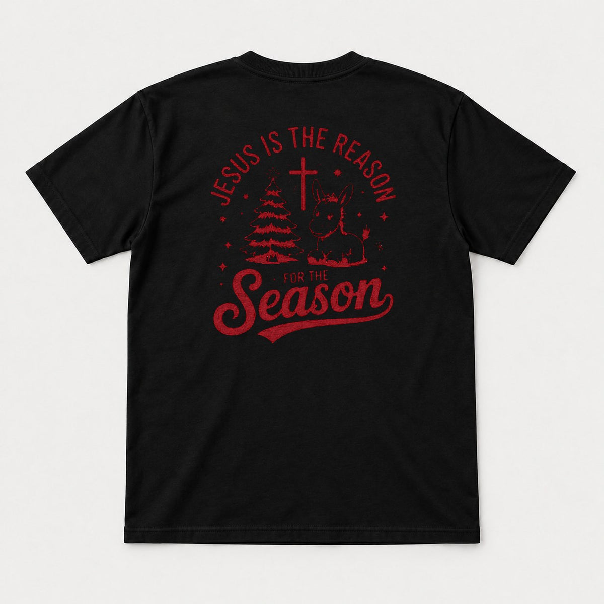 Jesus Is the Reason for the Season Christmas Tree Cross & Donkey Graphic T-Shirt & Sweatshirt - Tshirt Black Back