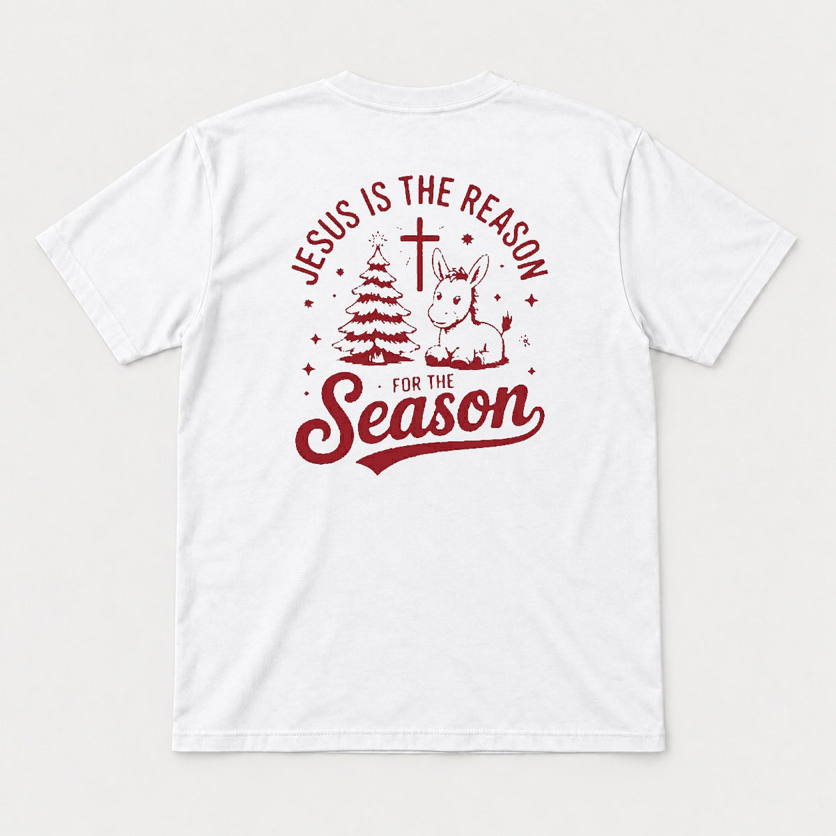 Jesus Is the Reason for the Season Christmas Tree Cross & Donkey Graphic T-Shirt & Sweatshirt - Tshirt White Back