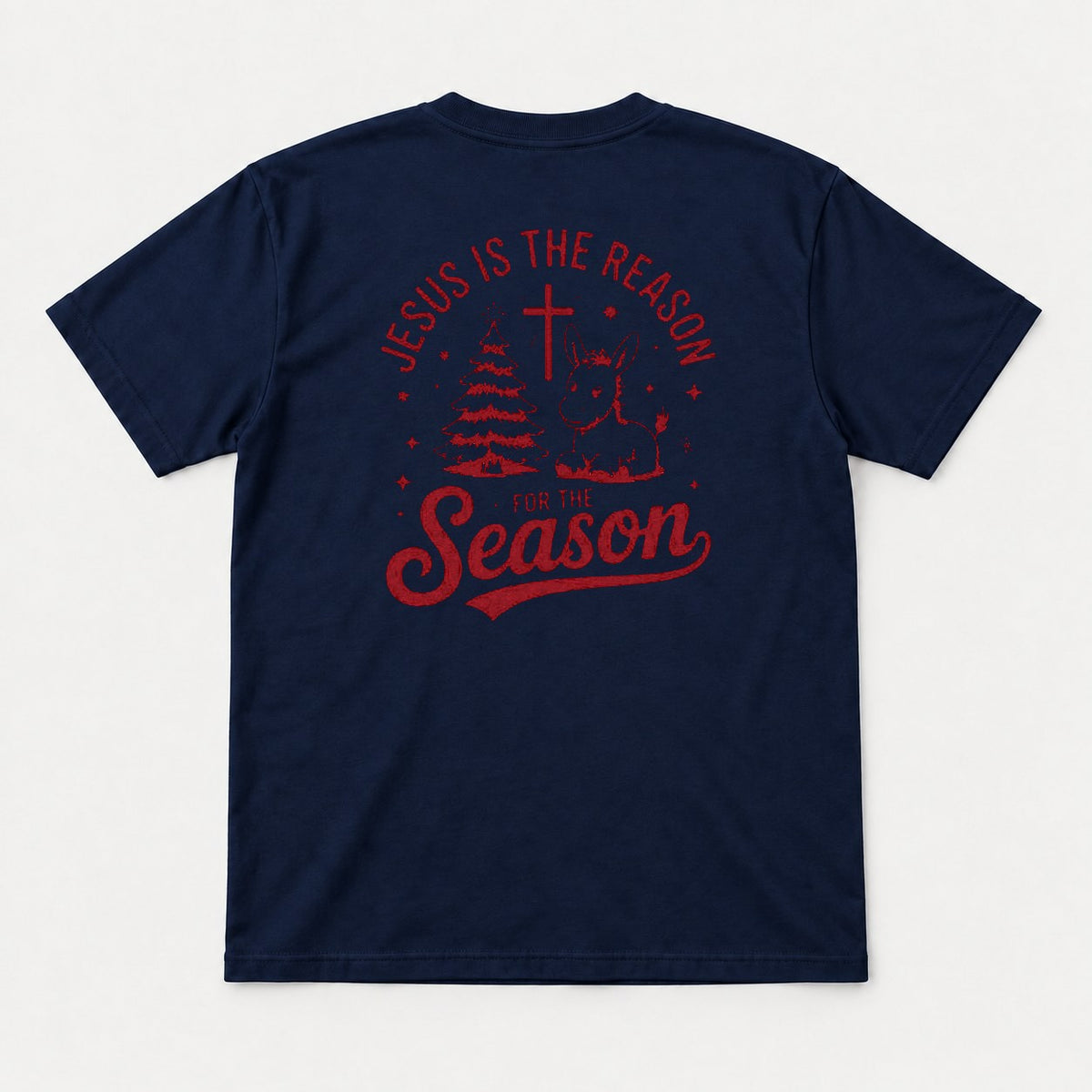 Jesus Is the Reason for the Season Christmas Tree Cross & Donkey Graphic T-Shirt & Sweatshirt - Tshirt Navy Back