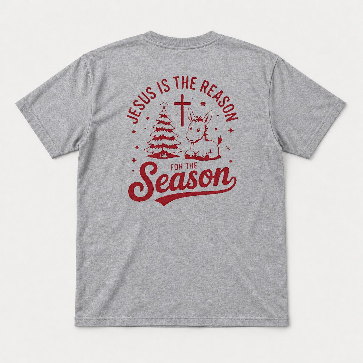 Jesus Is the Reason for the Season Christmas Tree Cross & Donkey Graphic T-Shirt & Sweatshirt - Tshirt Sport Grey Back