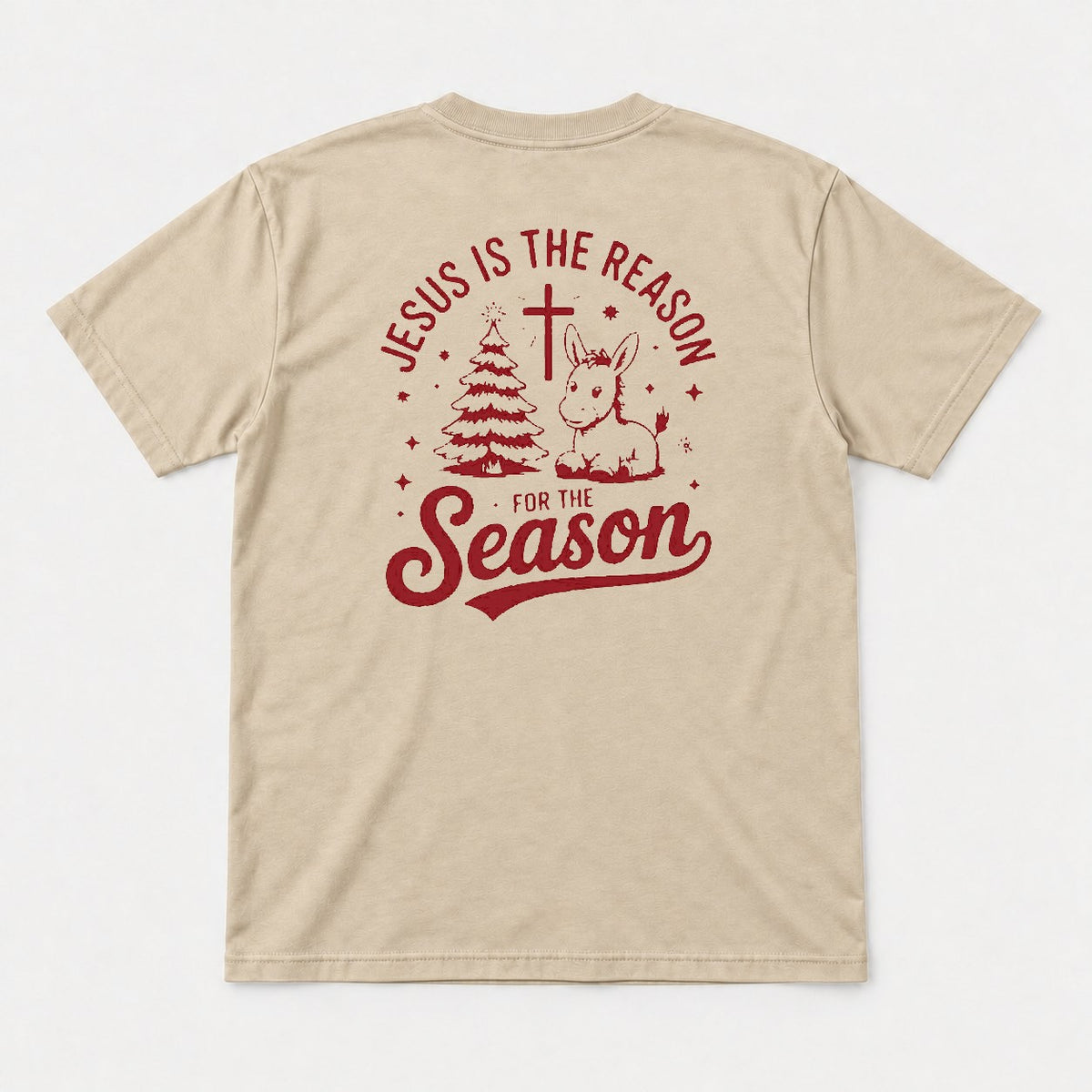 Jesus Is the Reason for the Season Christmas Tree Cross & Donkey Graphic T-Shirt & Sweatshirt - Tshirt Sand Back