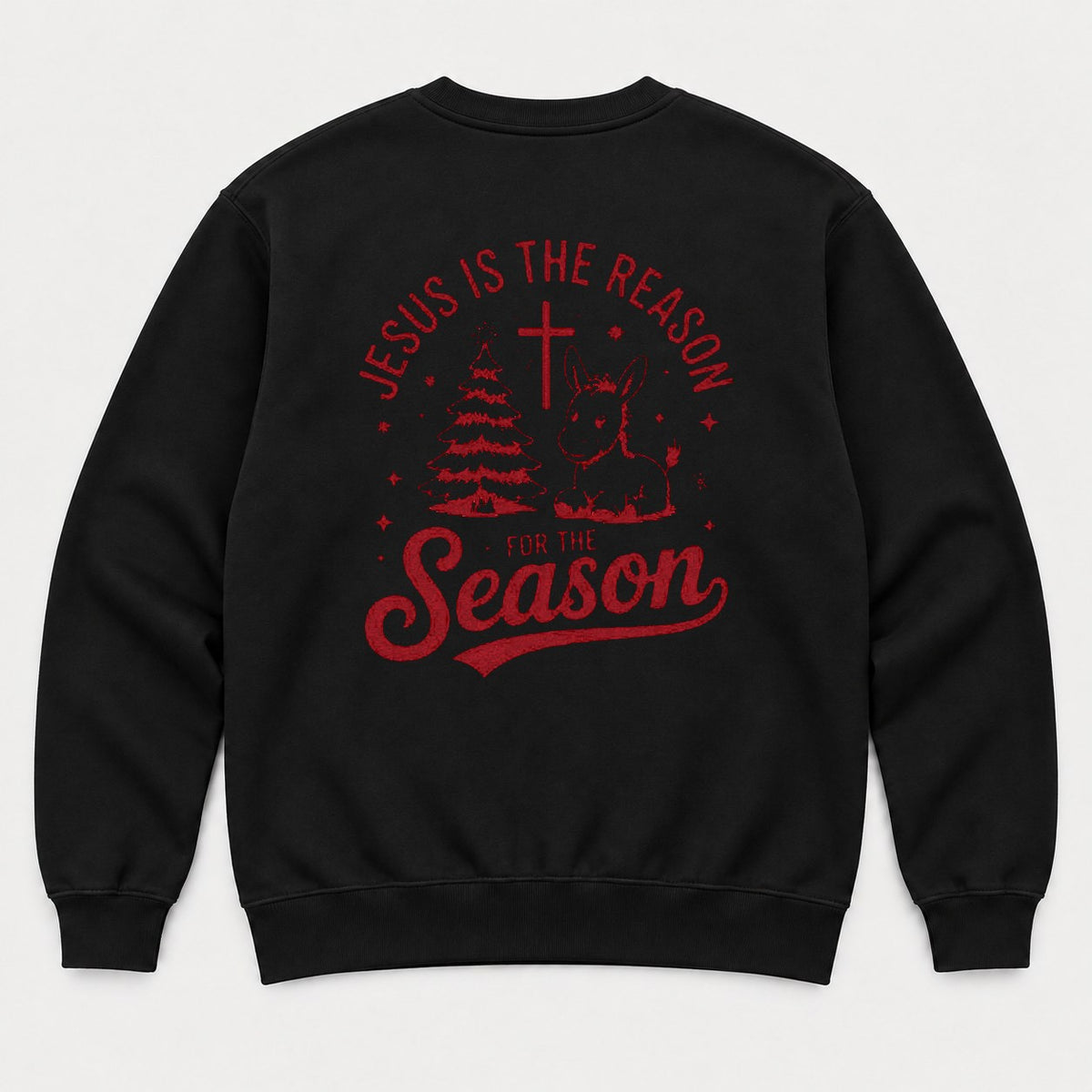 Jesus Is the Reason for the Season Christmas Tree Cross & Donkey Graphic T-Shirt & Sweatshirt - Sweatshirt Black Back
