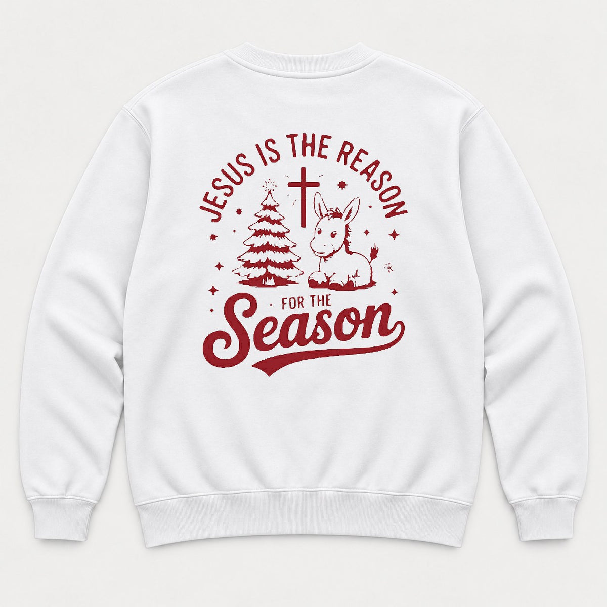 Jesus Is the Reason for the Season Christmas Tree Cross & Donkey Graphic T-Shirt & Sweatshirt - Sweatshirt White Back