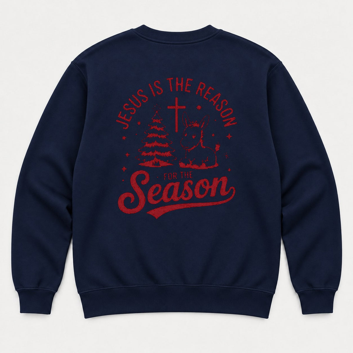 Jesus Is the Reason for the Season Christmas Tree Cross & Donkey Graphic T-Shirt & Sweatshirt - Sweatshirt Navy Back