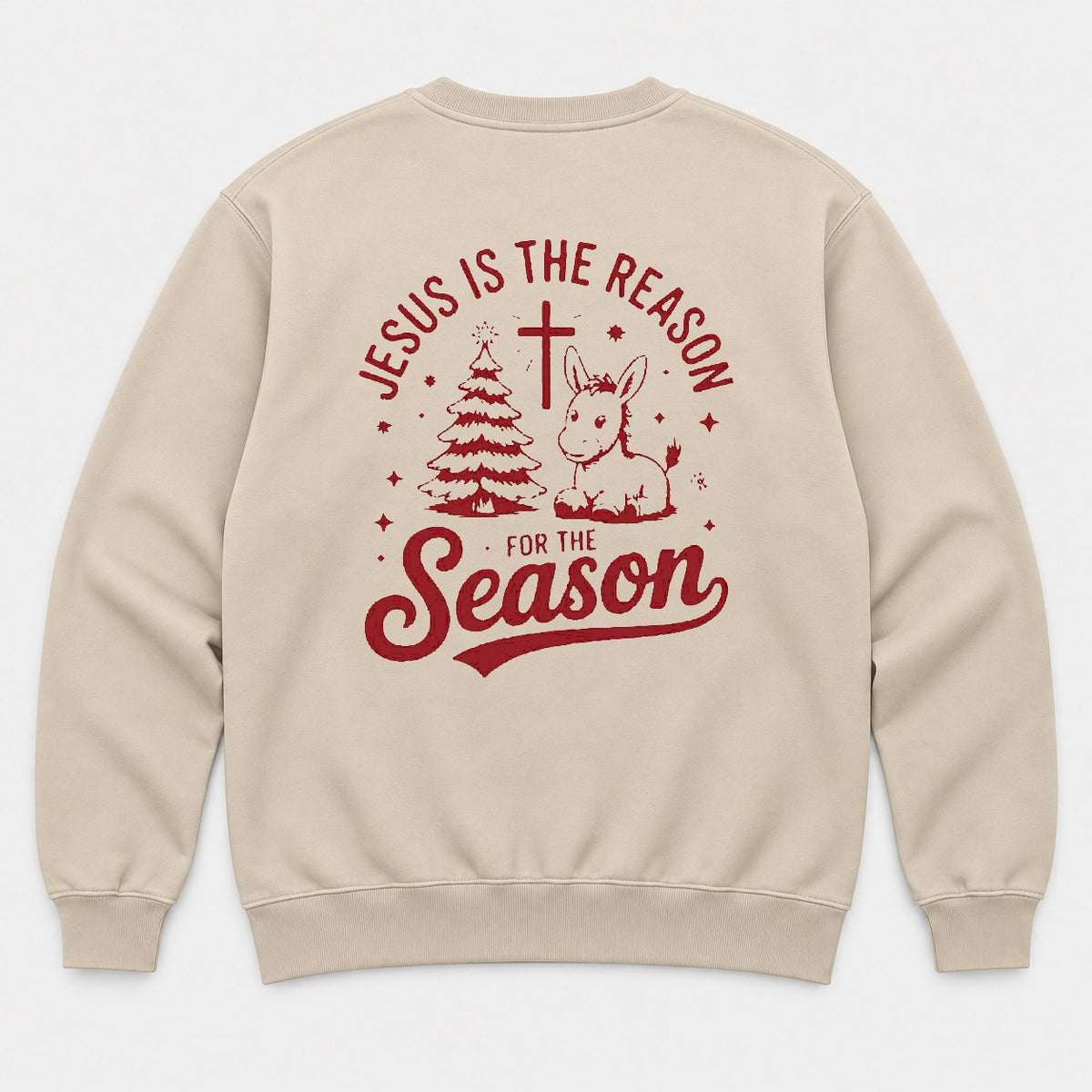 Jesus Is the Reason for the Season Christmas Tree Cross & Donkey Graphic T-Shirt & Sweatshirt - Sweatshirt Sand Back
