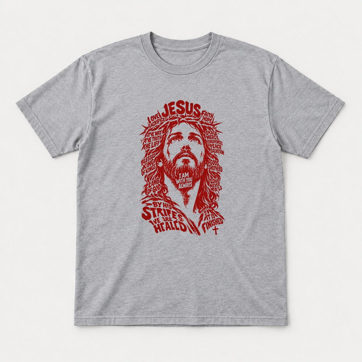 Jesus Word Art Portrait Christian Graphic T-Shirt & Sweatshirt - Tshirt Sport Grey Front