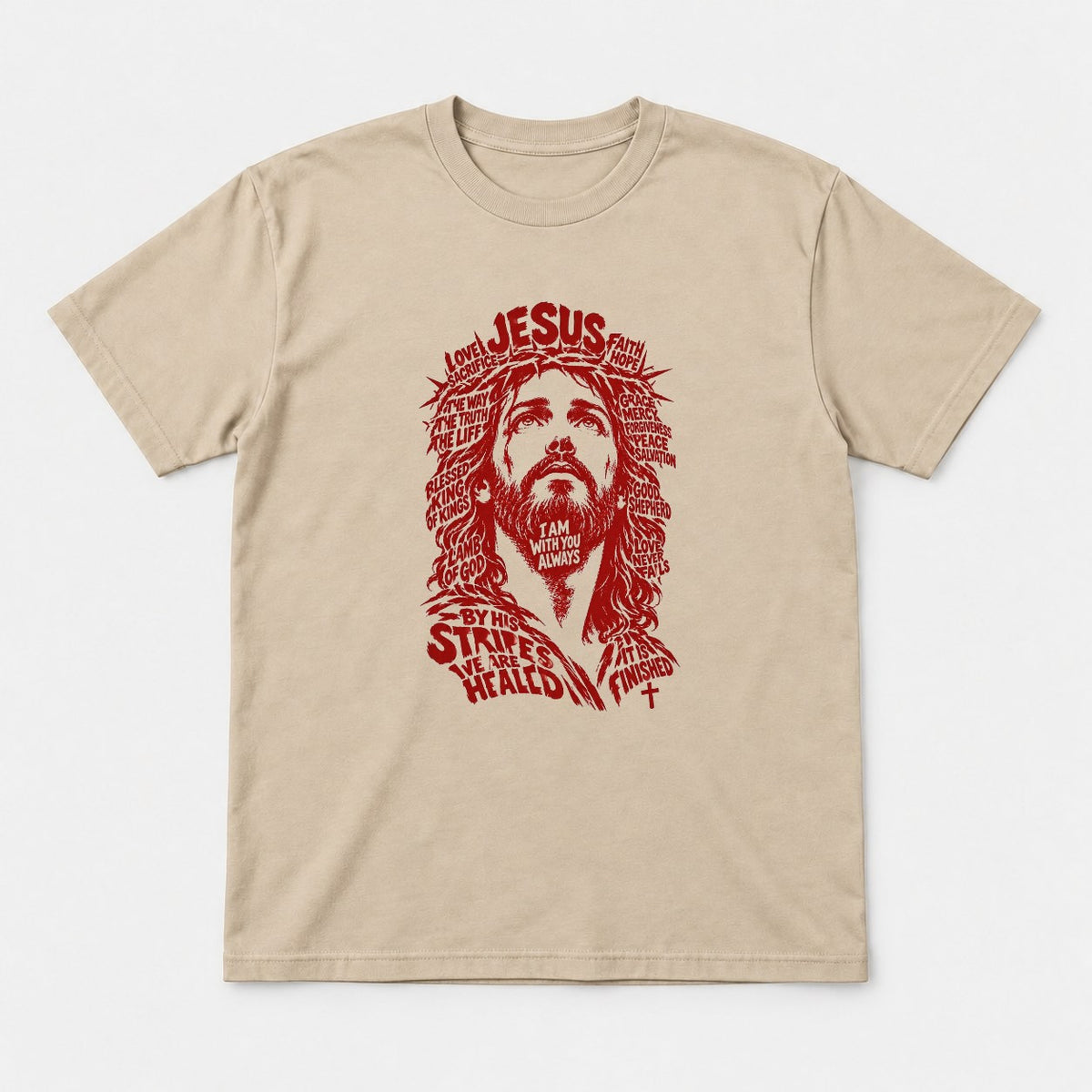 Jesus Word Art Portrait Christian Graphic T-Shirt & Sweatshirt - Tshirt Sand Front