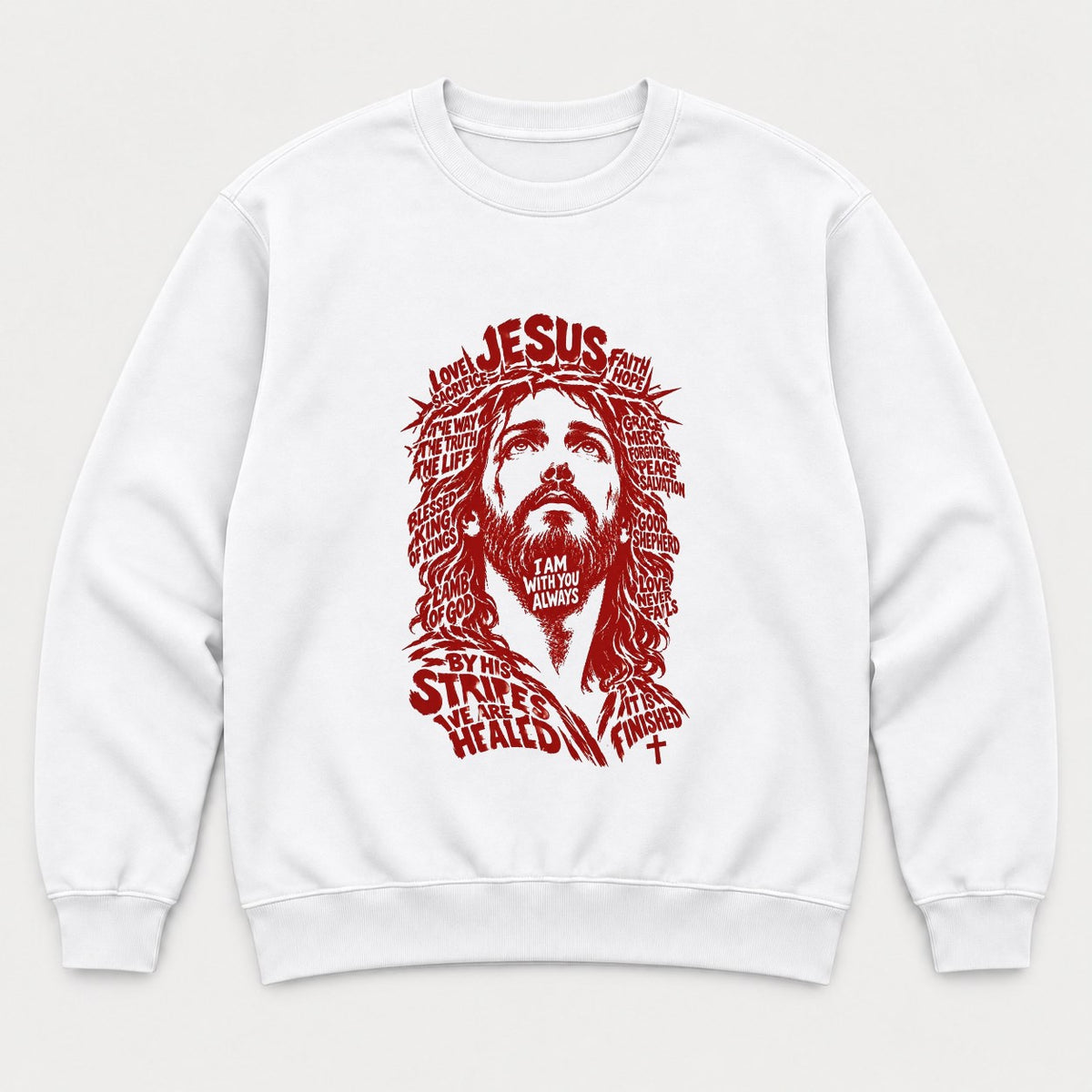 Jesus Word Art Portrait Christian Graphic T-Shirt & Sweatshirt - Sweatshirt White Front