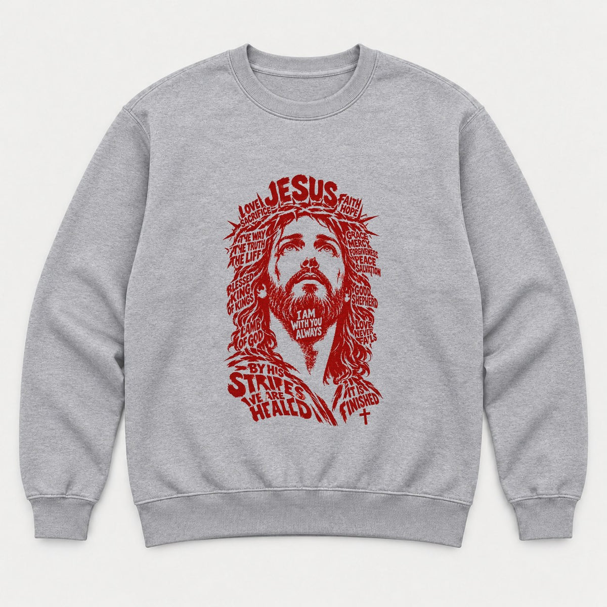 Jesus Word Art Portrait Christian Graphic T-Shirt & Sweatshirt - Sweatshirt Sport Grey Front