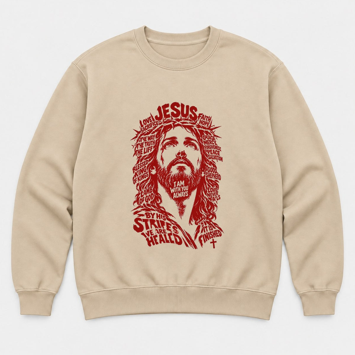Jesus Word Art Portrait Christian Graphic T-Shirt & Sweatshirt - Sweatshirt Sand Front