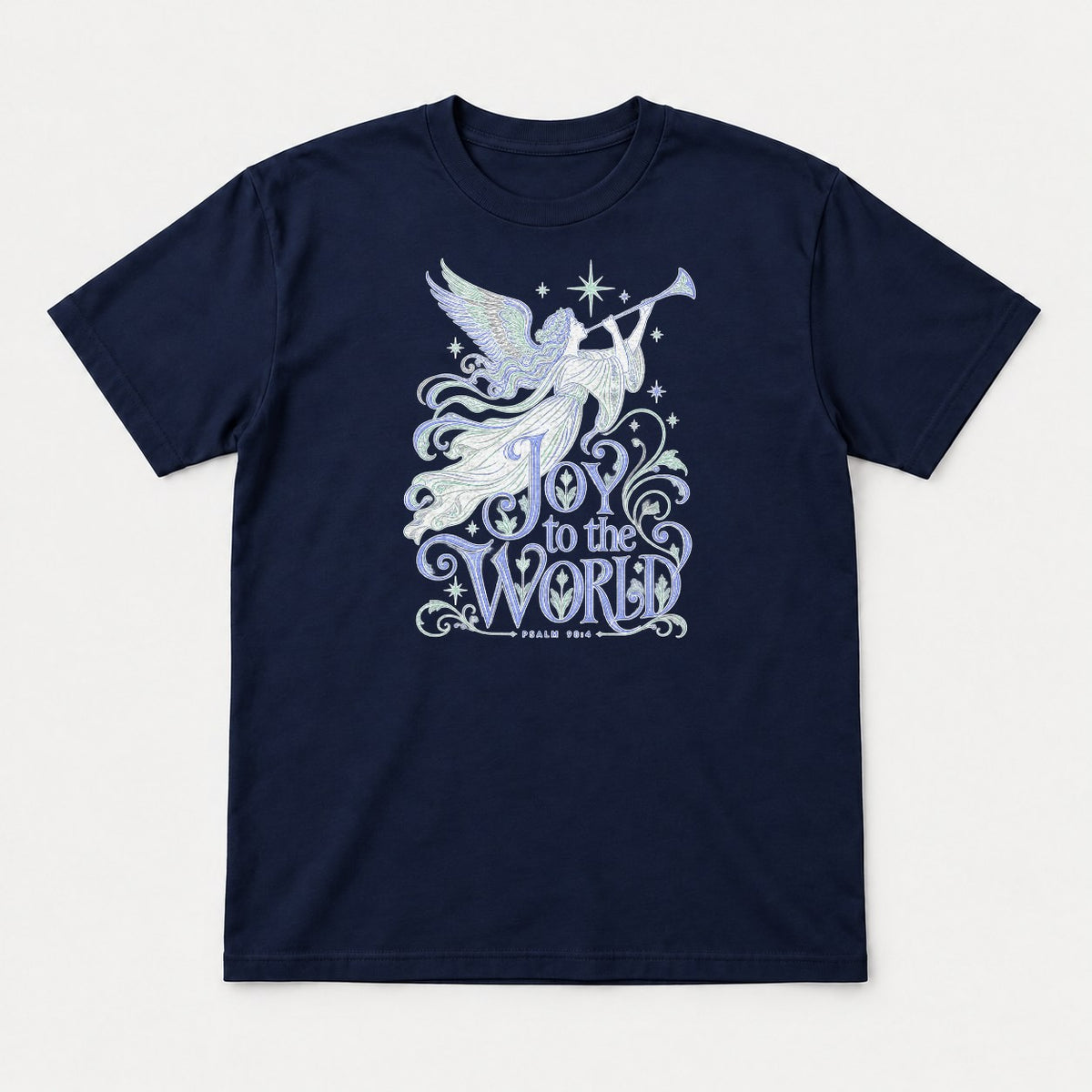 Joy to the World Angel Christmas Graphic T-Shirt & Sweatshirt - Tshirt Navy Front