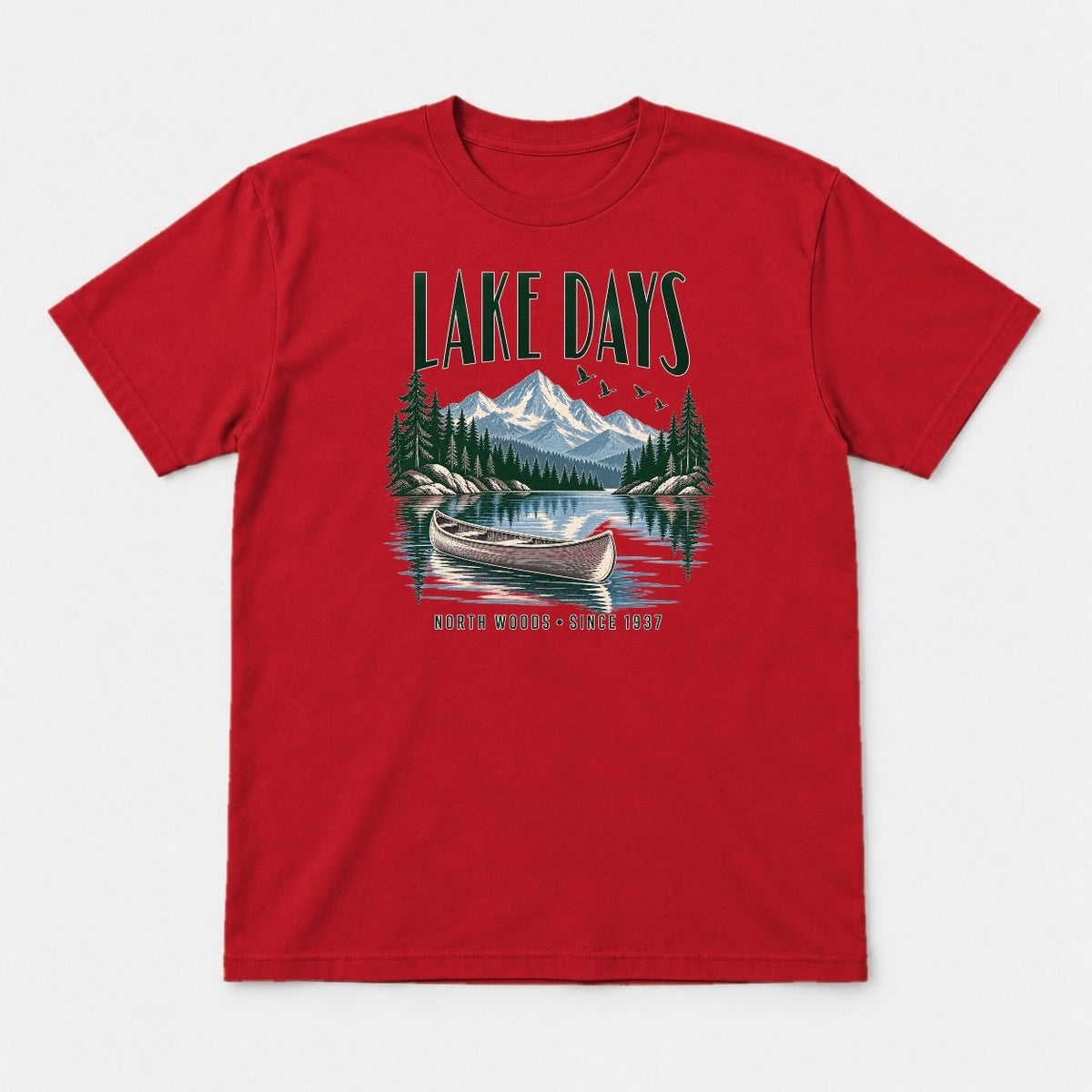 Lake Days Retro Vintage North Woods Canoe Graphic T-Shirt & Sweatshirt - Tshirt Red Front