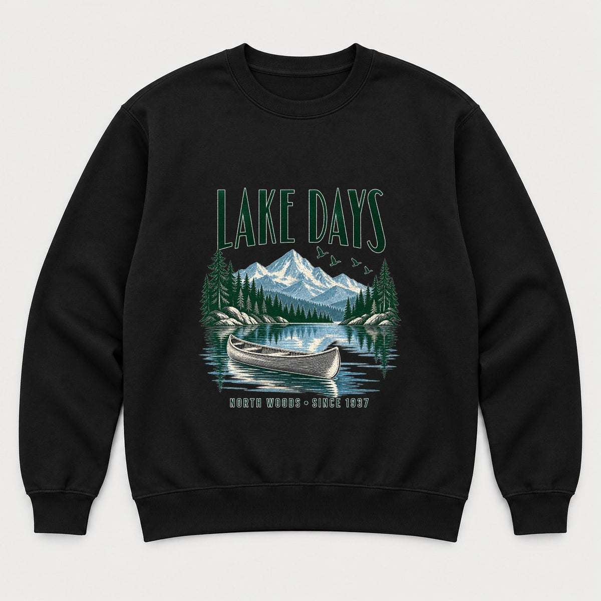 Lake Days Retro Vintage North Woods Canoe Graphic T-Shirt & Sweatshirt - Sweatshirt Black Front