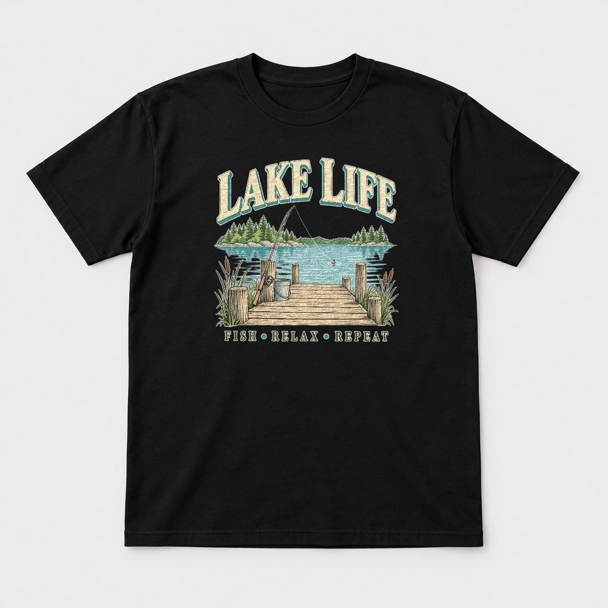 Lake Life Retro Fishing Dock Graphic T-Shirt & Sweatshirt - Tshirt Black Front
