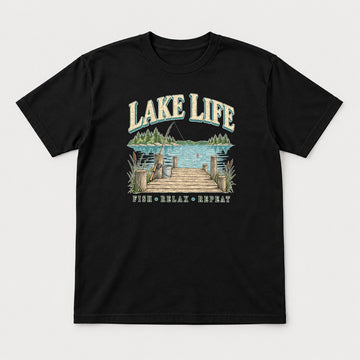 Lake Life Retro Fishing Dock Graphic T-Shirt & Sweatshirt - Tshirt Black Front