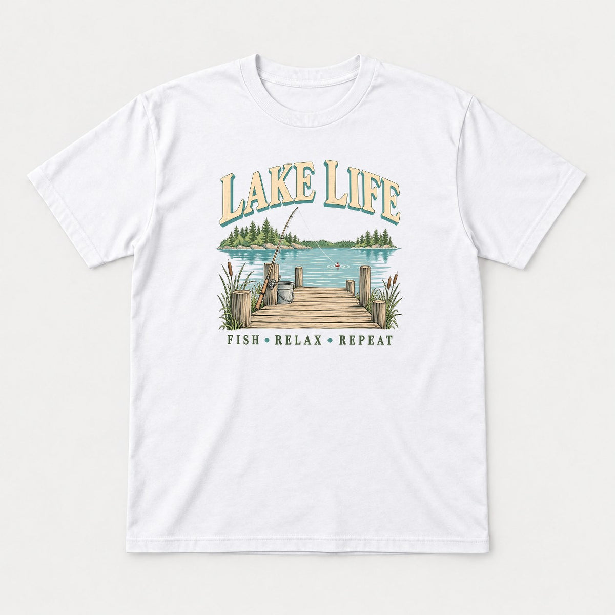 Lake Life Retro Fishing Dock Graphic T-Shirt & Sweatshirt - Tshirt White Front
