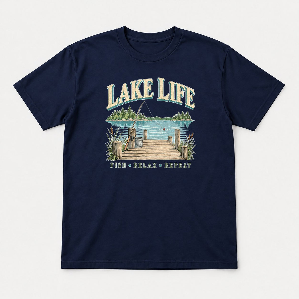 Lake Life Retro Fishing Dock Graphic T-Shirt & Sweatshirt - Tshirt Navy Front