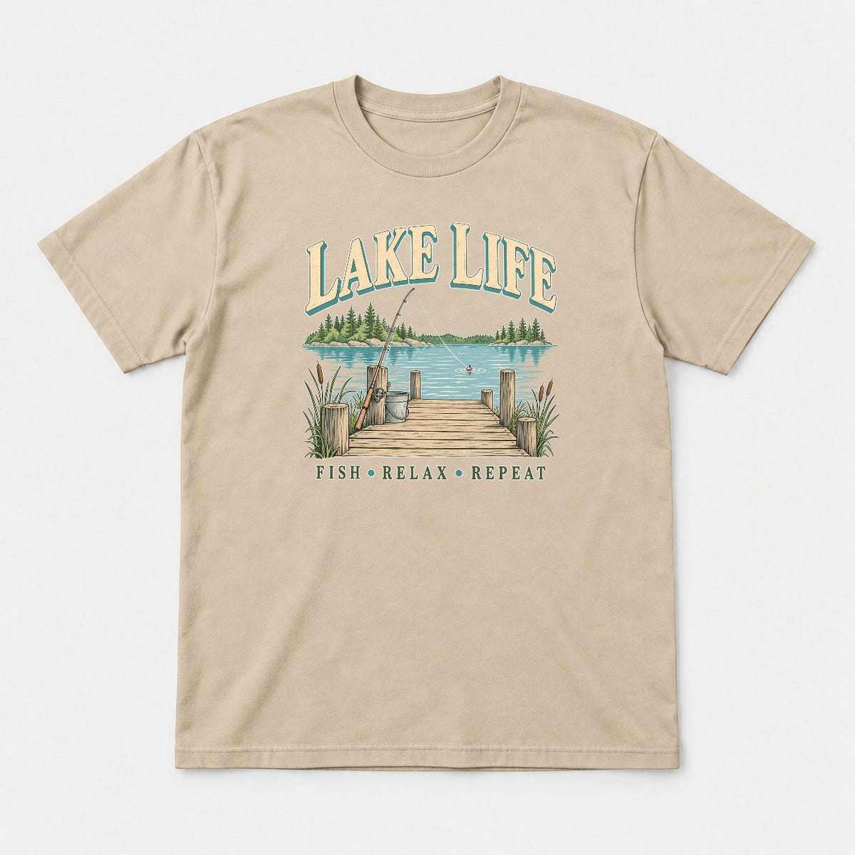 Lake Life Retro Fishing Dock Graphic T-Shirt & Sweatshirt - Tshirt Sand Front