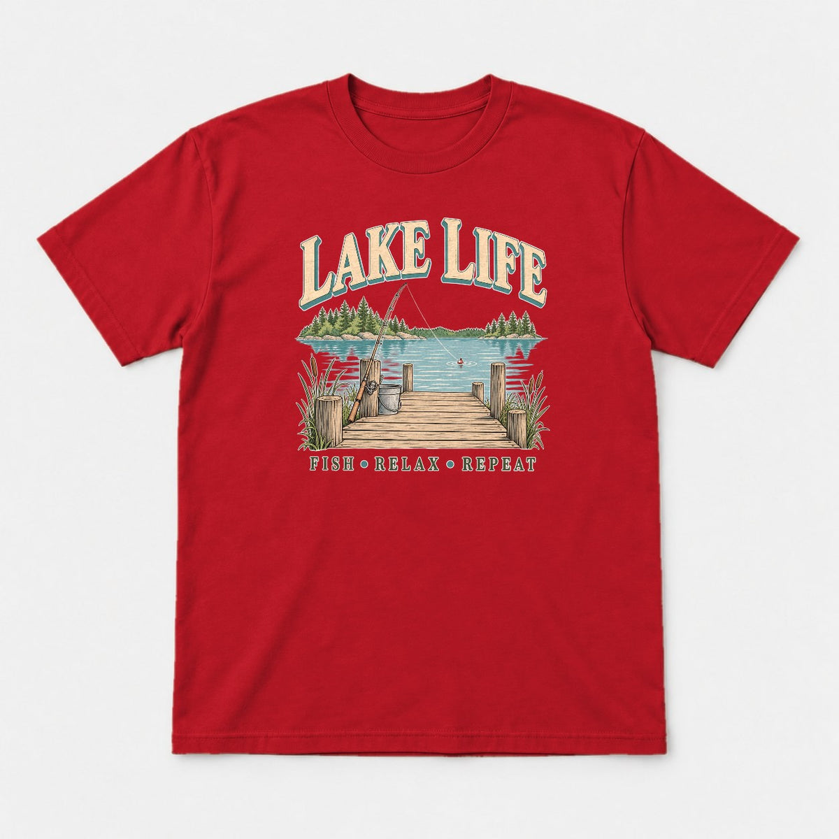 Lake Life Retro Fishing Dock Graphic T-Shirt & Sweatshirt - Tshirt Red Front