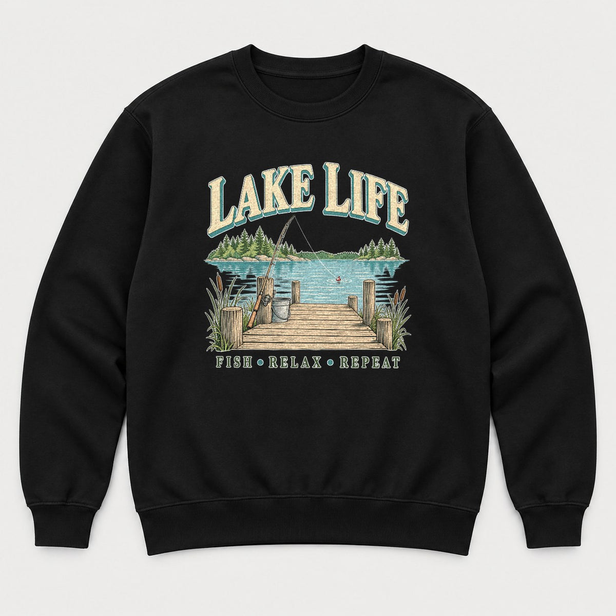 Lake Life Retro Fishing Dock Graphic T-Shirt & Sweatshirt - Sweatshirt Black Front