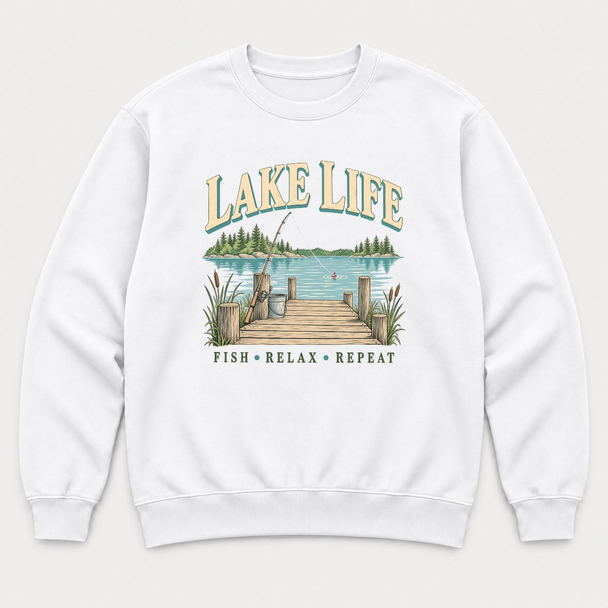 Lake Life Retro Fishing Dock Graphic T-Shirt & Sweatshirt - Sweatshirt White Front