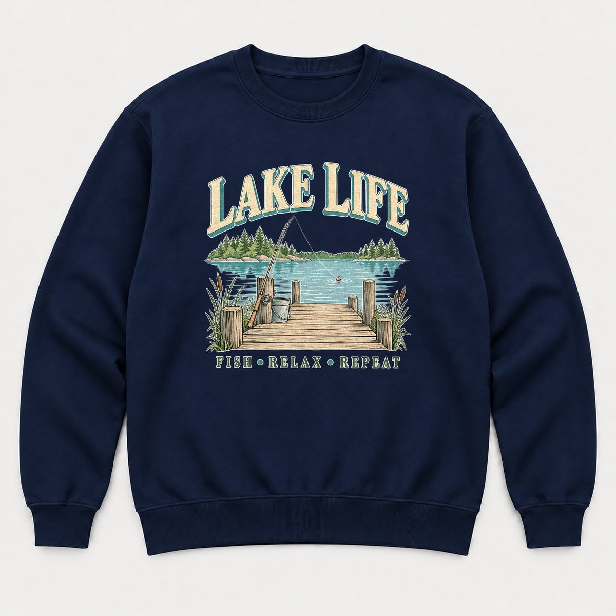 Lake Life Retro Fishing Dock Graphic T-Shirt & Sweatshirt - Sweatshirt Navy Front