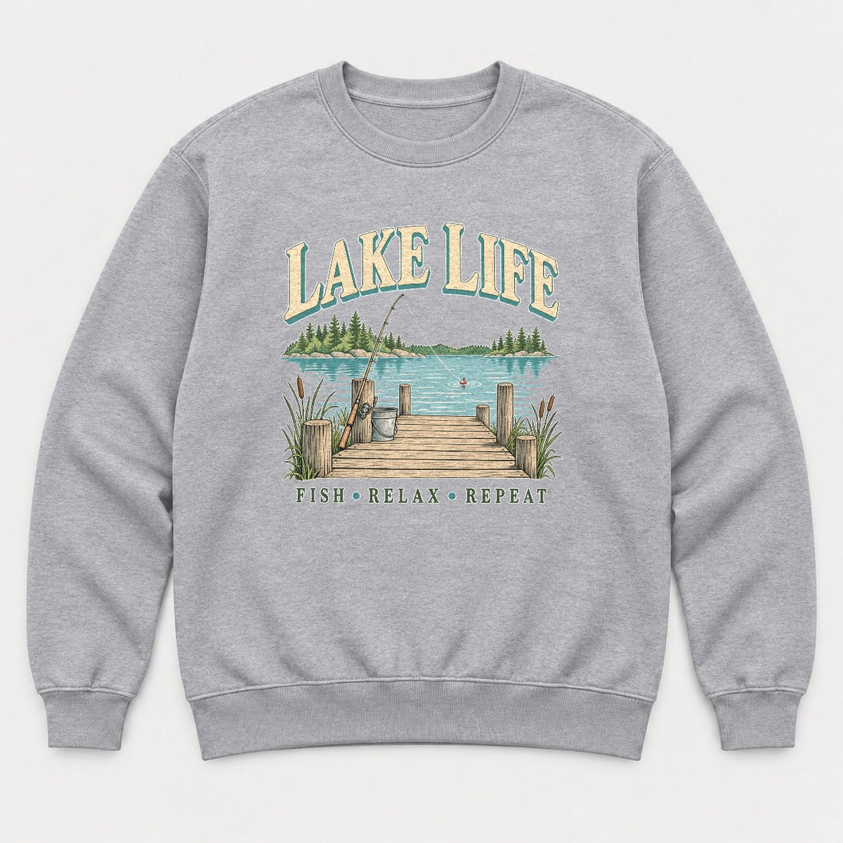 Lake Life Retro Fishing Dock Graphic T-Shirt & Sweatshirt - Sweatshirt Sport Grey Front