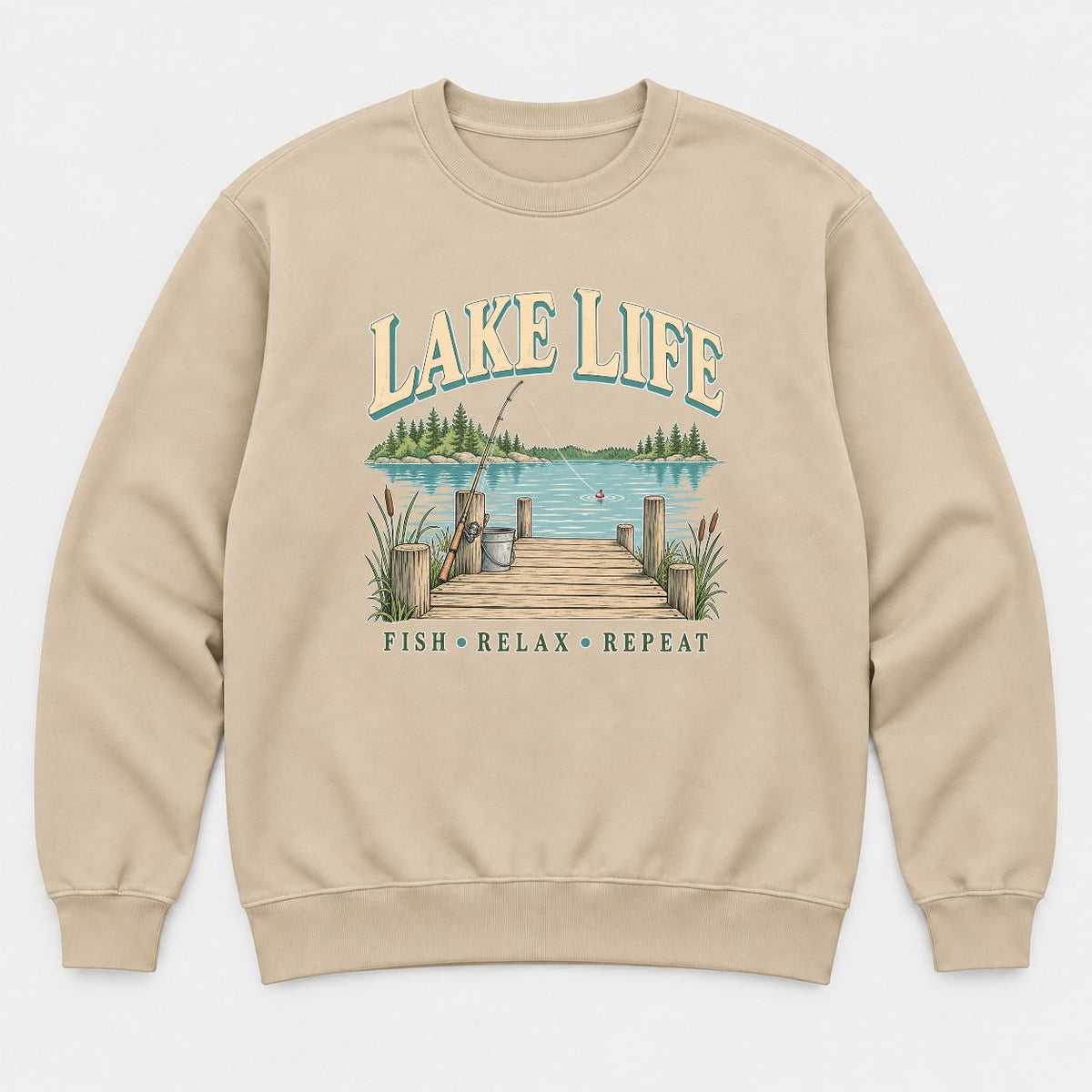 Lake Life Retro Fishing Dock Graphic T-Shirt & Sweatshirt - Sweatshirt Sand Front