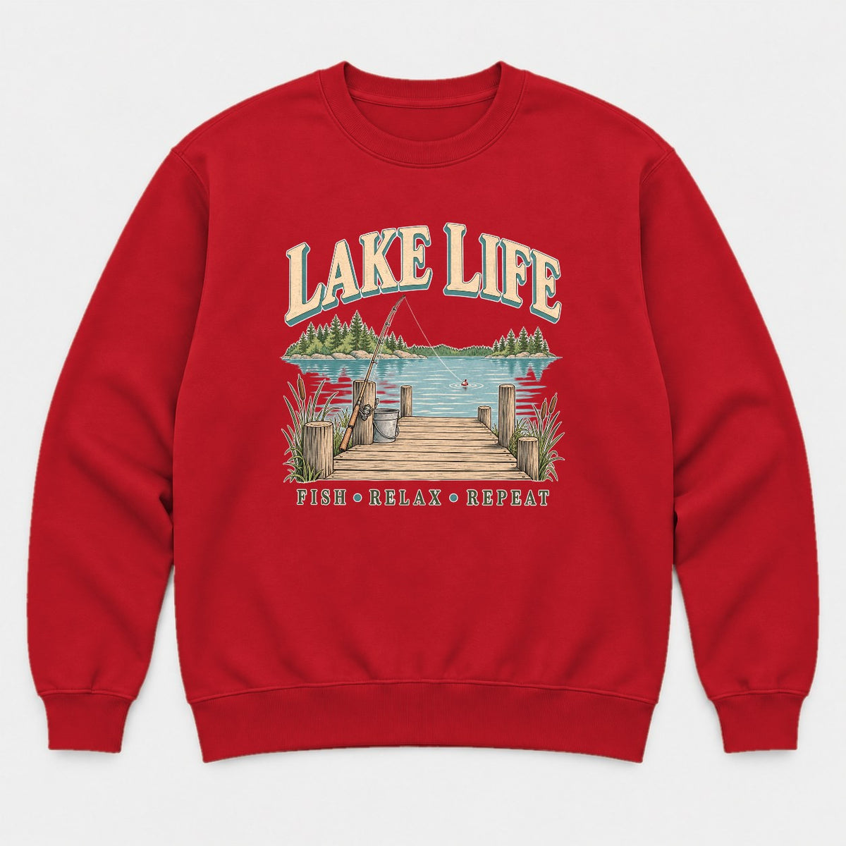 Lake Life Retro Fishing Dock Graphic T-Shirt & Sweatshirt - Sweatshirt Red Front
